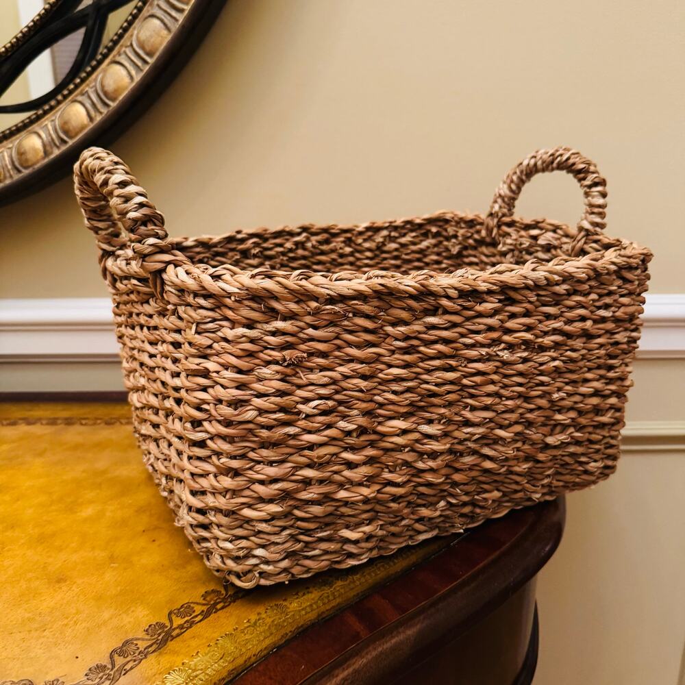 Large Deep Seagrass Rectangular Tan Brown Farmhouse Basket with Handles
